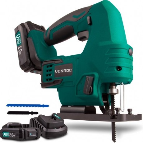 VONROC Accu Decoupeerzaag – VPower 20V – Incl. 2x 2.0Ah accu, lader, parallelgeleider & 2 zaagbladen