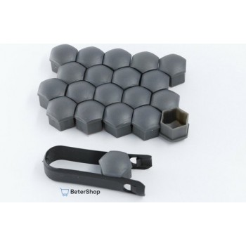 Wielmoerkapjes 17 mm - Grijs / Antraciet Matt - Kunststof - Set van 20 stuks incl. tweezer tool - Universeel