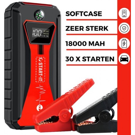 START-IT Jumpstarter - 4-in-1 Starthulp - Startbooster 5L Benzine / 3L Diesel – USB C en 5V/2.4A - 18000mAh Powerbank - Softcase