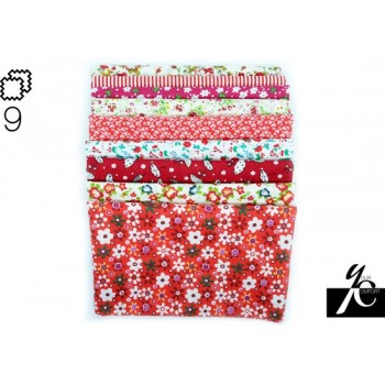 SET 9 STOFFEN ROOD om zelf af te naaien, 100% katoen, verschillende prints, 50x50cm, voor patchwork, quilt, mondmasker