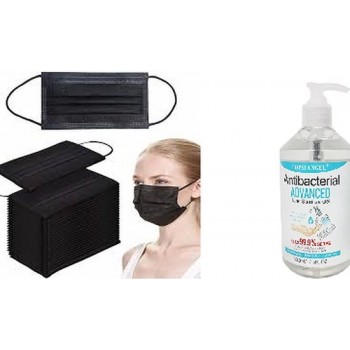 Fohwa 100 stuks Mondkapjes Zwart Extra stevig 3 Laags met 500 ml Handgel Pompsi Angel